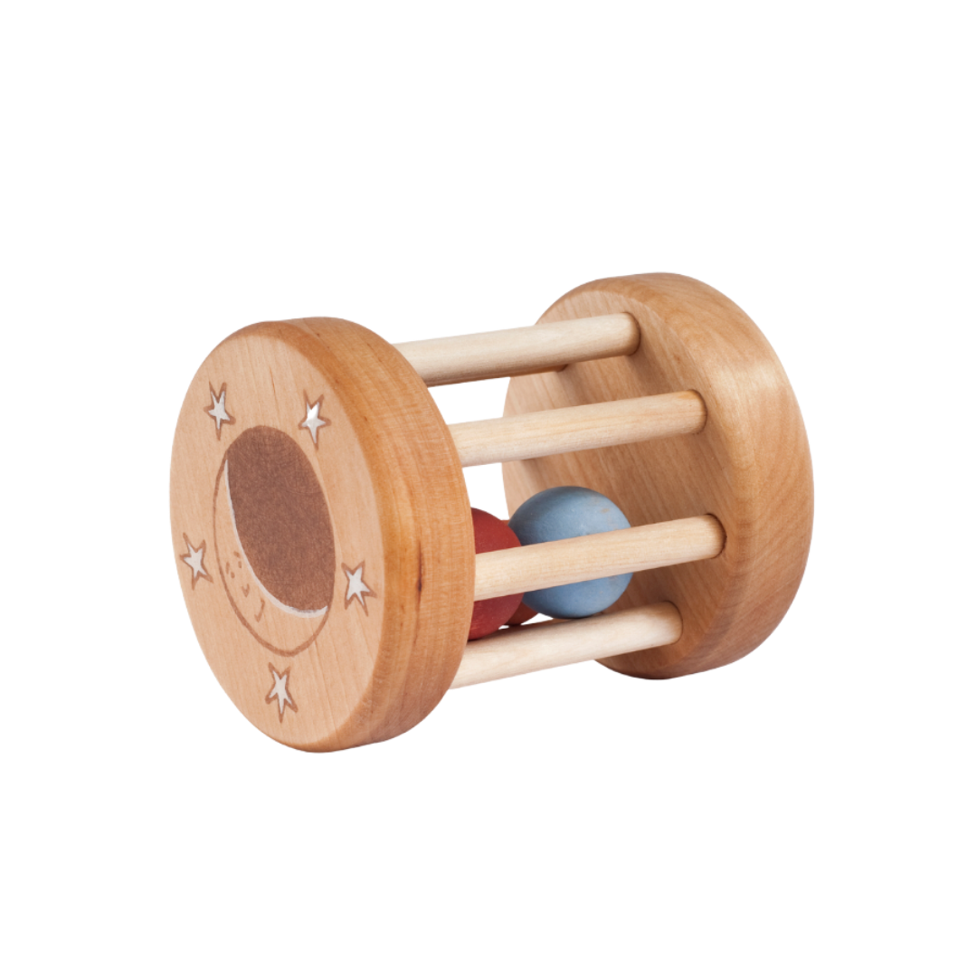 Houten rammelaar met gekleurde balletjes