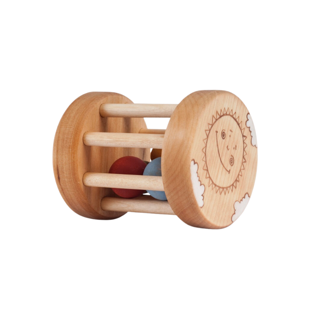 Houten rammelaar met gekleurde balletjes
