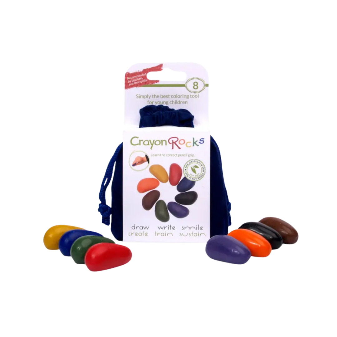 8 waskrijtjes in blauw fluweel zakje